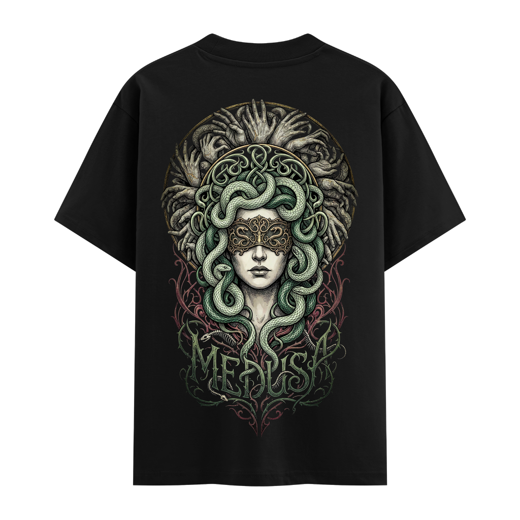 Maskeli Medusa Oversize Siyah Tişört