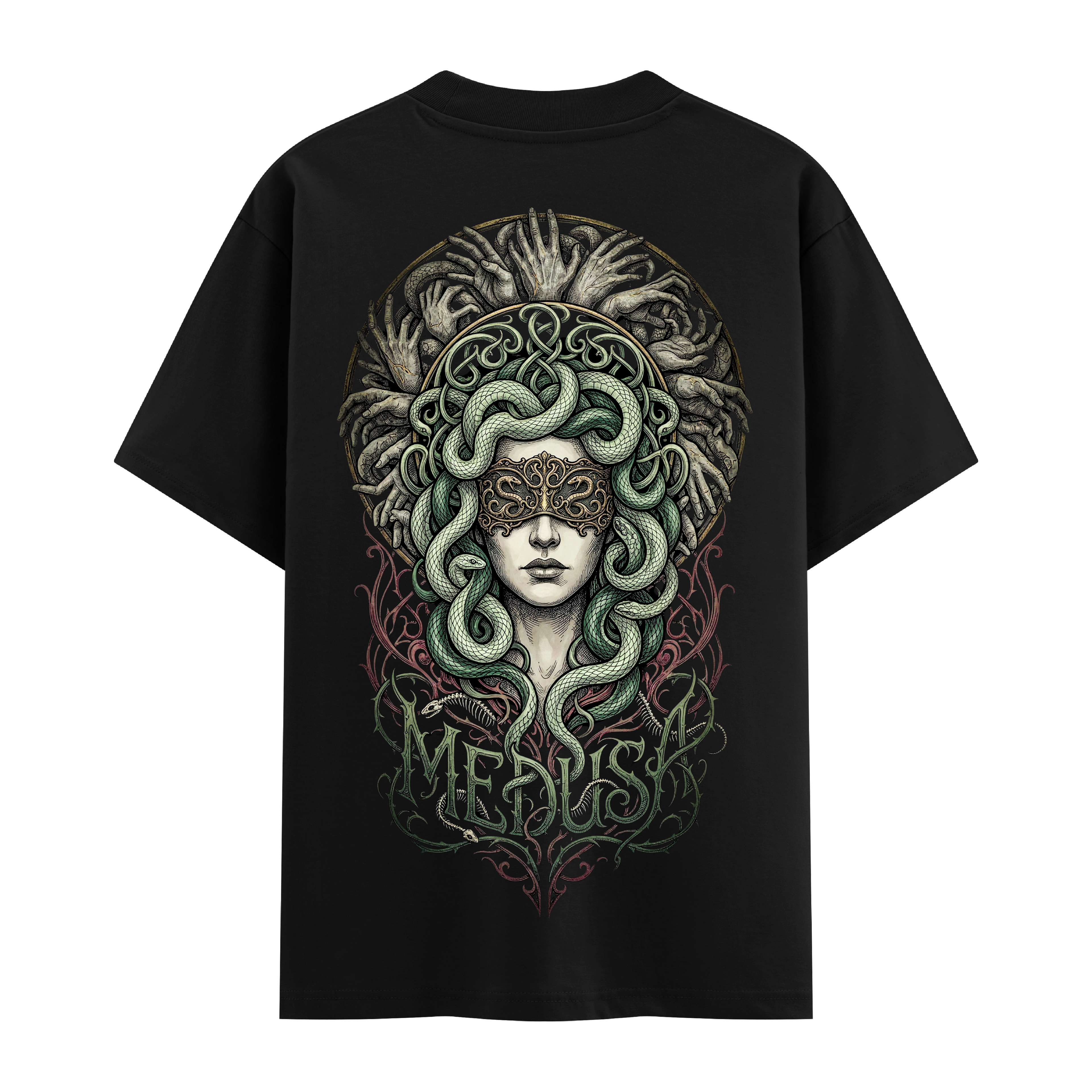 Maskeli Medusa Oversize Siyah Tişört